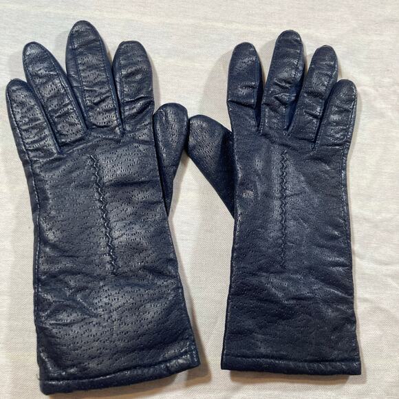 Fownes Women 6.5 Navy Blue Leather Lined  Driving Gloves Minimalist Classic Gift - Picture 2 of 6
